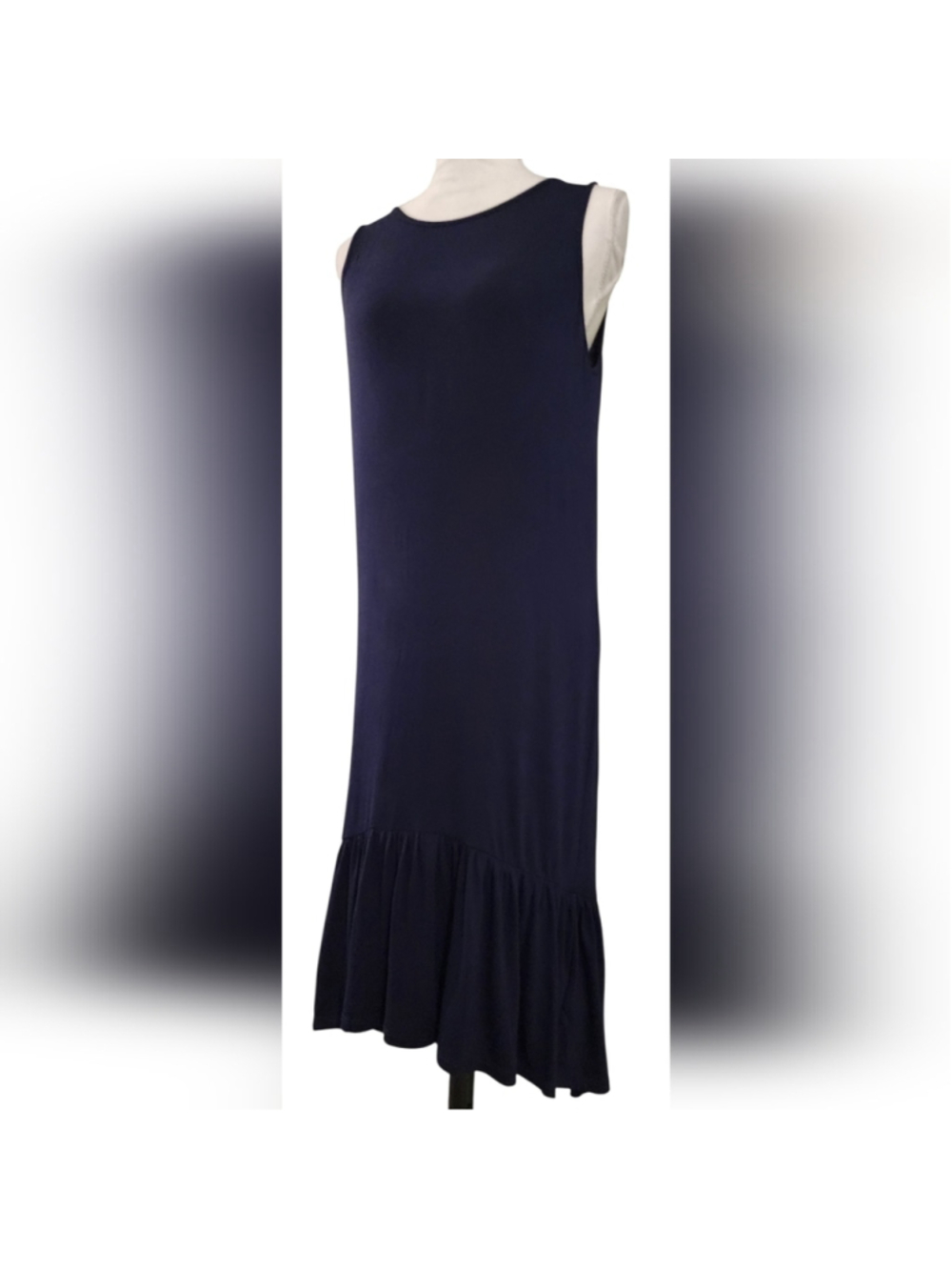 NWT Paradis Jersey Frill Dress Navy Blue Sleeveless Drop Waist Midi Maxi Size S